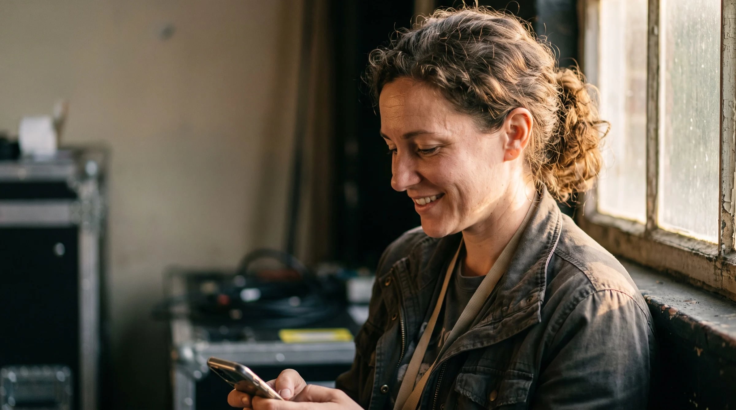 Event-Managerin lächelt im Backstage-Raum auf ihr Handy und schaut auf die Ticketverkäufe