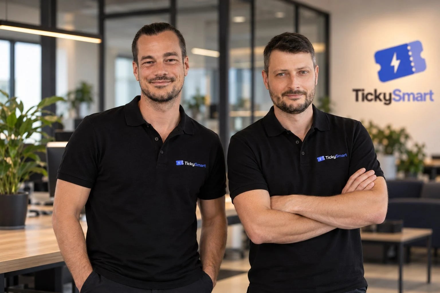 Die beiden Gründer von TickySmart im Büro, beide im schwarzen Poloshirt mit TickySmart-Logo